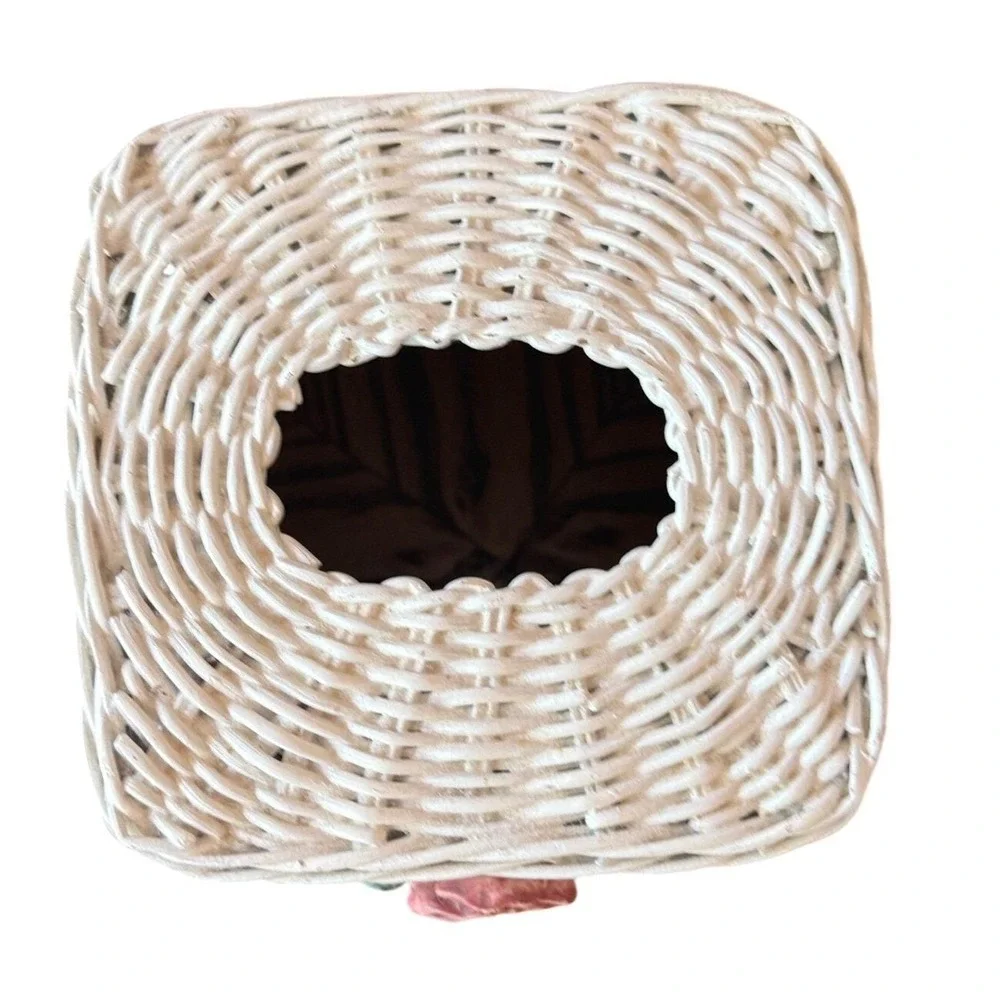 Wicker Tissue Box Cover - White Ceramic Rose - Cottagecore Shabby Chic Decor